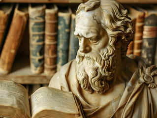 Intricately Detailed Classical Sculpture Bust of Ancient Philosopher or Scholar with Flowing Hair and Beard in Front of Old Weathered Books - Thoughtful and Contemplative Expression in Aged Stone