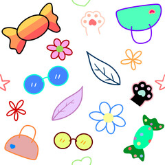 Seamless cartoon doodle lines of candy, glasses, flowers, stars, hearts, super cute bags.