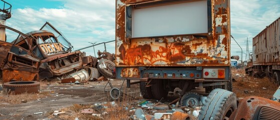 Close up of a mobile cinema truck, rusting in a junkyard, its promise to bring films to remote areas unfulfilled, surrounded by scrap metal, sharpen with copy space