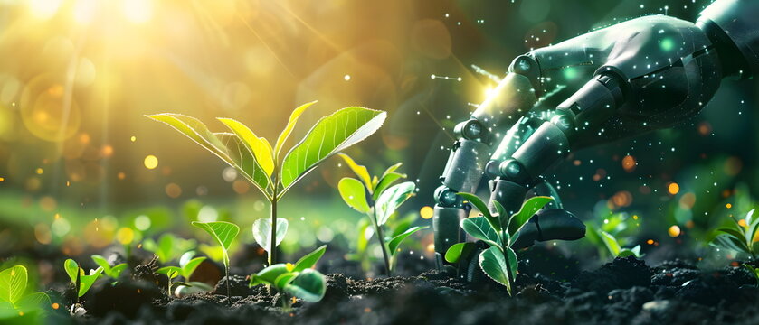 learn something new that had a positive impact on your life, hands of artificial intelligence in agriculture in the concepA hand holding different plants and herbs in a lush garden