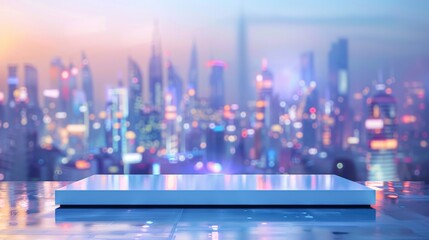 A digital rendering of a futuristic city at evening and the rectangle stage at the center