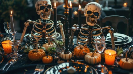  Halloween dinner table with skeleton friends and copy space