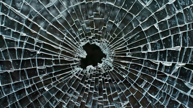 Broken glass on a dark background. After the impact, the glass surface has cracks diverging from the point of impact or bullet hit. The concept of destruction, vulnerability and fragility of existence