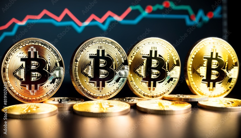 Poster striking image of shiny bitcoins aligned against a backdrop of financial graphs, signaling the volat