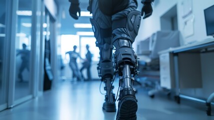 Close up of a rehabilitation facility where exoskeleton suits help patients learn to walk again, visualized against a blurred therapy room, sharpen with copy space