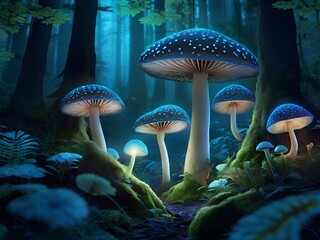 Group of fungi thriving in the midst of a wooded area. Generative AI