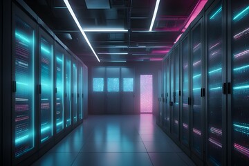 Fototapeta premium Futuristic data technology background. with neon lights and glowing orbs