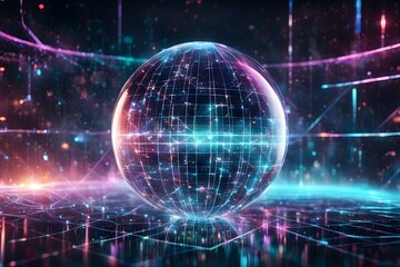 Obraz premium Futuristic data technology background. with neon lights and glowing orbs
