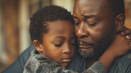 Obraz premium Tender moment between a father and son, expressing deep love and connection in an emotional embrace.