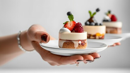 Hand Holding Complimentary Dessert Dishes in Advertisement on White Background - Front View