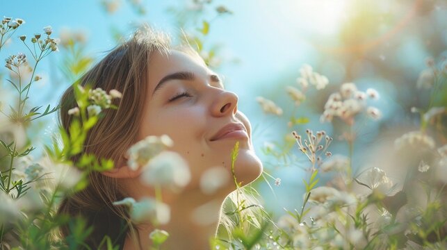 Woman in garden, smelling flowers, green foliage, clear sky, ample copy space, aspirational and serene, soft focus 8K , high-resolution, ultra HD,up32K HD