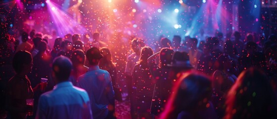 Nightclub scene, people dancing, vibrant lighting, entertainment focus, ample copy space, festive mood 8K , high-resolution, ultra HD,up32K HD