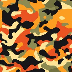 Create a seamless camouflage pattern with the following colors:.- Black.- Orange.- Green.- Brown.The pattern should be suitable for use in a variety of applications, including clot