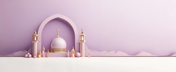 3d minimalist Islamic banner with pastel purple design Show off the podium with lanterns for eid al fitr and al adha holiday