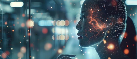 Close up of an AI assistant brainstorming, its neural network glowing as it generates innovative business models in a hightech incubator space, sharpen with copy space