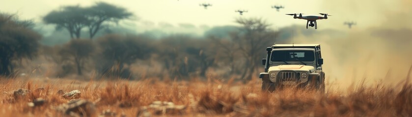 Fototapeta premium Close up of an antipoaching operation using stealth drones that relay realtime locations of poachers to authorities