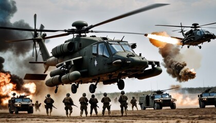 Armed helicopters fly above marching soldiers with explosions in the background, showcasing military coordination.. AI Generation