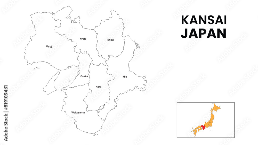 Sticker Kansai Map. State and district map of Kansai. Administrative map of Kansai with district and capital in white color.