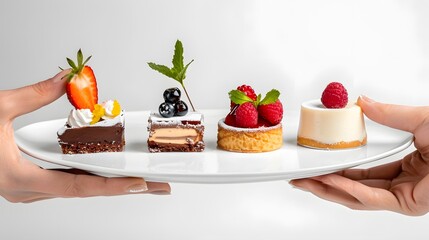 Hand Holding Complimentary Dessert Dishes for Advertising on White Background - Front View