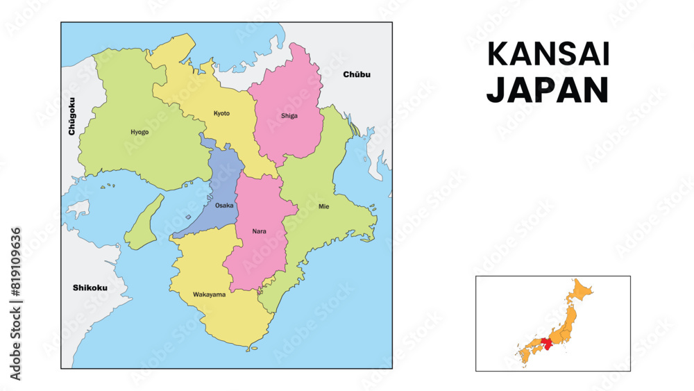 Wall mural Kansai Map. State and district map of Kansai. Political map of Kansai with country capital.