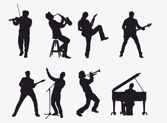 silhouettes set of musicians playing various musical instruments. Collection of musician on isolated white background. 