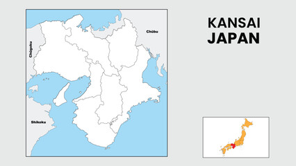 Kansai Map. State and district map of Kansai. Political map of Kansai with outline and black and white design.