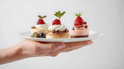 Hand picking up Complimentary dessert dishes for advertising on white background, front view