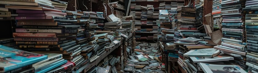 Close up of an outdated film distribution office, piled with unsold DVDs and Blurays of movies that never made it to the big screen, in a forgotten alley, sharpen with copy space
