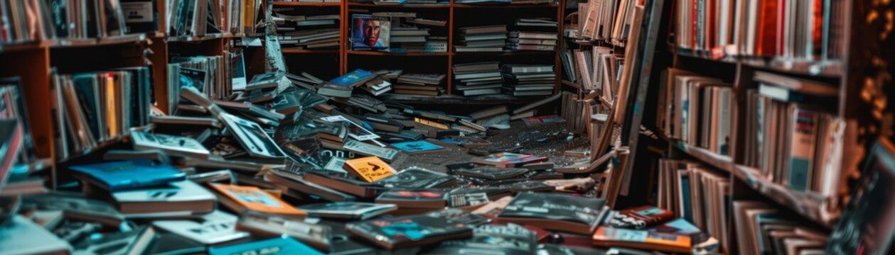 Close up of an outdated film distribution office, piled with unsold DVDs and Blurays of movies that never made it to the big screen, in a forgotten alley, sharpen with copy space