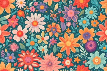 Colorful floral pattern in cartoon style. flowers and leaves with playful features seamless pattern background