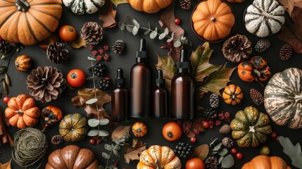 Unlabeled skincare bottles surrounded by Thanksgiving harvest elements