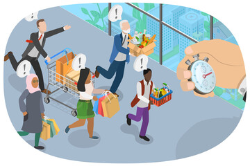 3D Isometric Flat  Illustration of Shoppers Racing, Big Discount Advertising