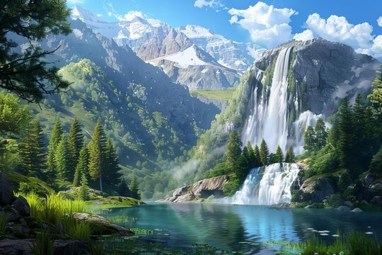 Nature Landscape Backdrop Scenery Mountains Trees Lakes Rivers Waterfalls Digital Art Aigenerated 