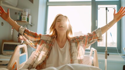 Happy woman patient with arms outstretched on hospital bed celebrating her recovery from surgery.