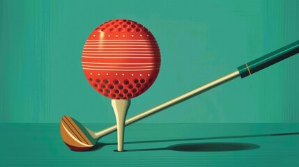 A golf ball is sitting on a tee with a golf club