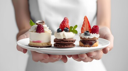 Hand Holding Complimentary Dessert Dishes for Advertising on White Background, Front View