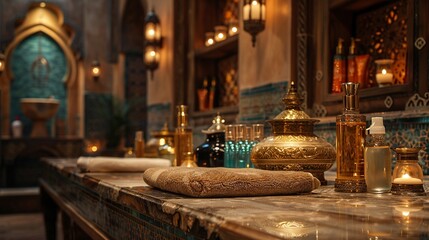 Arabian spa setting, luxurious cosmetic products, ample copy space, Arabic decor, oil bottles, elegant atmosphere 8K , high-resolution, ultra HD,up32K HD