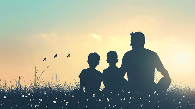A father sitting with his children on a wish card for Father's Day, celebrating and bonding together in a colorful and joyful atmosphere.