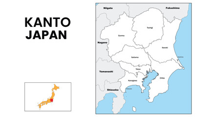 Kanto Map. State and district map of Kanto. Administrative map of Kanto with district and capital in white color.