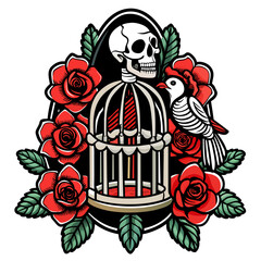 T-shirt sticker featuring skeletal hands holding an open birdcage with a key, surrounded by vivid red roses and green leaves, set against a black background for a gothic and romantic look