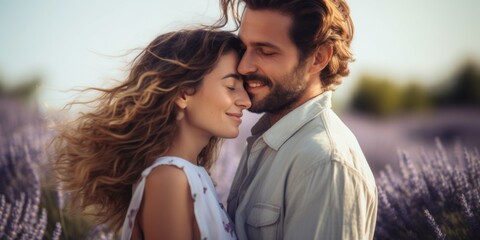 A young couple hugs in a lavender field. Family posing in nature. Generative AI.