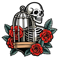 T-shirt sticker featuring skeletal hands holding an open birdcage with a key, surrounded by vivid red roses and green leaves, set against a black background for a gothic and romantic look