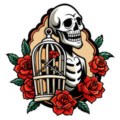 T-shirt sticker featuring skeletal hands holding an open birdcage with a key, surrounded by vivid red roses and green leaves, set against a black background for a gothic and romantic look