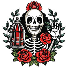 T-shirt sticker featuring skeletal hands holding an open birdcage with a key, surrounded by vivid red roses and green leaves, set against a black background for a gothic and romantic look