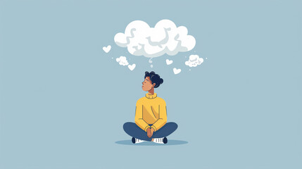 Thoughtful person sitting under a cloud of thoughts  cartoon vector highlighting contemplation and mental health awareness  cheerful and meaningful