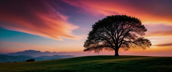 Landscape Lone Tree Silhouetted against a Colorful Sky