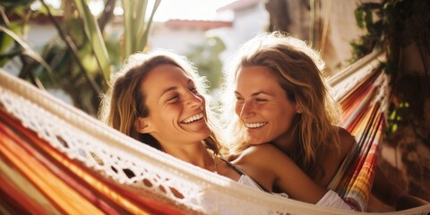 Happy lesbian couple in a hammock. Girls relax in nature, laugh with happiness. Generative AI.