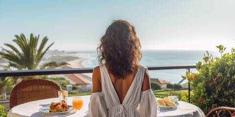 Young woman sitting at a table in a hotel restaurant back view, summer vacation in a luxury room by the sea. Generative AI.