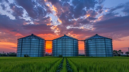 Fototapeta premium Large granaries for storing and drying grain, wheat, and corn on green field background