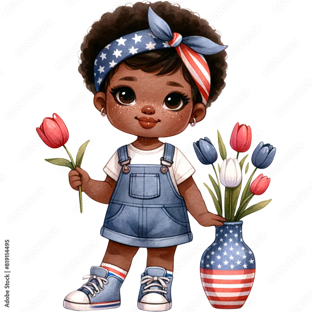 Canvas Prints Patriotic Girl Clipart,American Pride,4th of July PNG ,Veteran Day,Memorial Day PNG,Cute Black Girl,Afro Girl